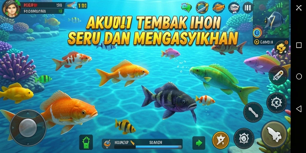 Screenshot gameplay AKUNJP yang menampilkan aksi menembak ikan.