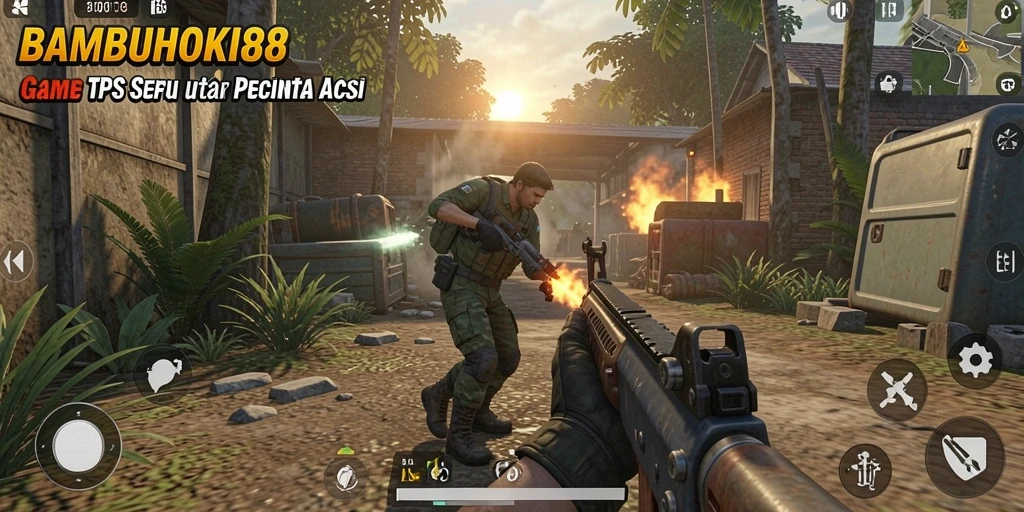 Tampilan gameplay mendebarkan di BAMBUHOKI88 dengan aksi TPS intens.