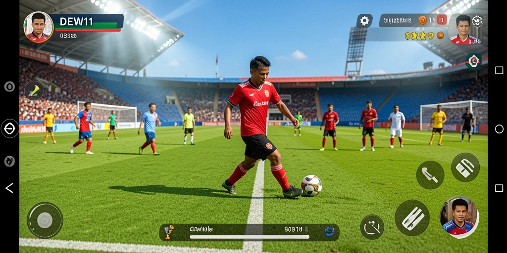 Tampilan gameplay seru di DEWI11 dengan aksi sepak bola yang mendebarkan.