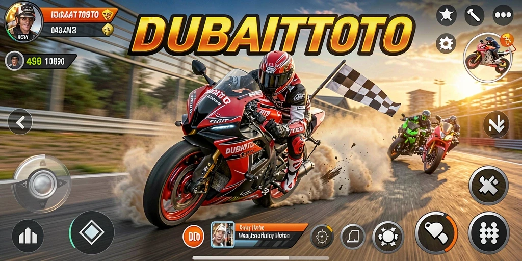 Screenshot DUBAITOTO menampilkan aksi balap motor yang seru dan mendebarkan.