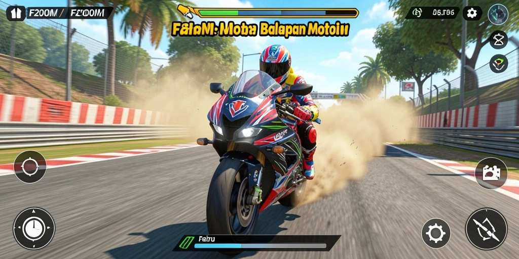 Screenshot utama F200M menampilkan aksi balapan motor yang mendebarkan.