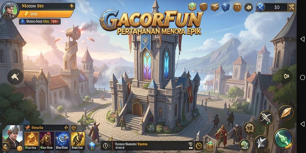 Screenshot gameplay menampilkan menara dan musuh dalam GACORFUN.