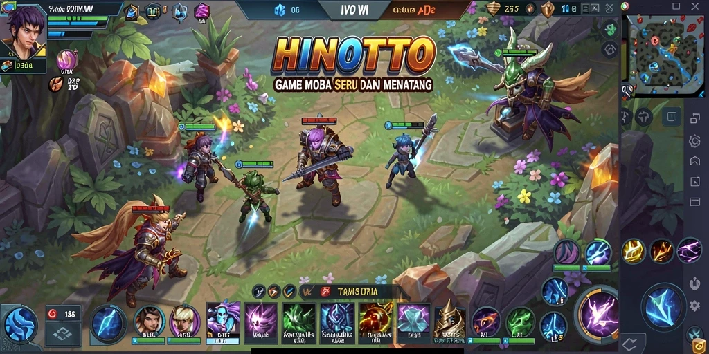 Tangkapan layar <strong>HINOTOTO</strong> menampilkan aksi intens pertempuran MOBA.