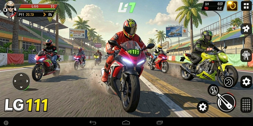 Screenshot gameplay LG111 menampilkan balapan motor yang seru dan mendebarkan.