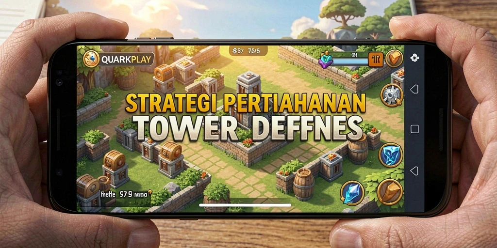 Tangkapan layar gameplay <strong>QUARKPLAY</strong> yang menunjukkan strategi menara yang hebat.