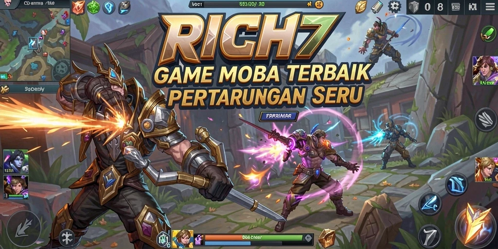 Tampilan gameplay seru dari game MOBA RICH7 yang mendebarkan.