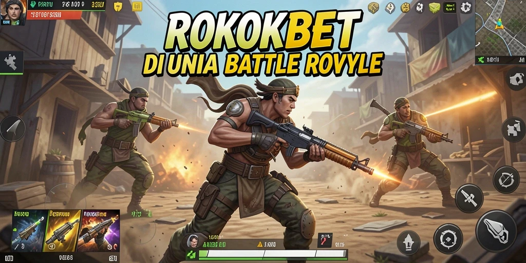 Tampilan dinamis gameplay ROKOKBET saat bertarung di arena Battle Royale.