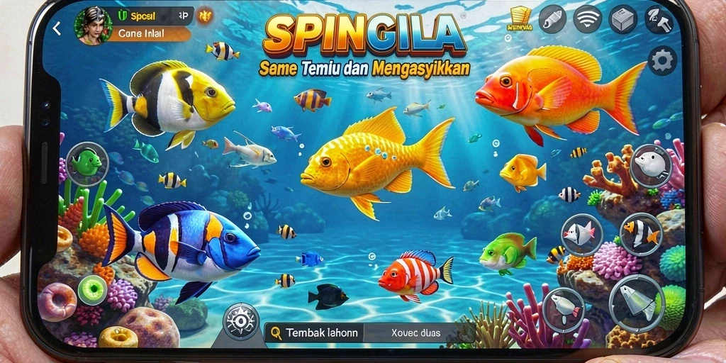 Tampilan gameplay SPINGILA yang menampilkan aksi menembak ikan.