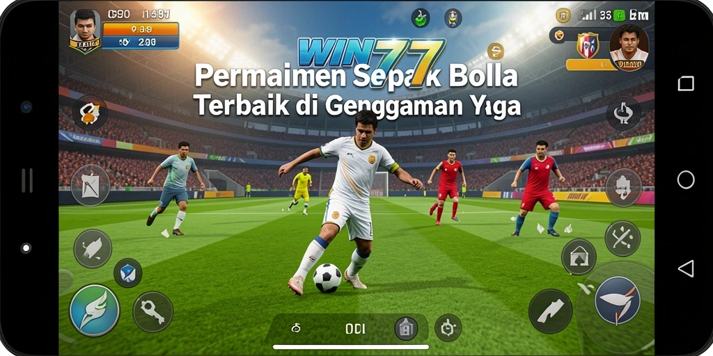 Screenshot permainan WIN777 menampilkan aksi sepak bola yang mendebarkan.